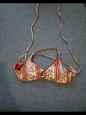 Striped Floral Bikini Top in Mustard & Maroon